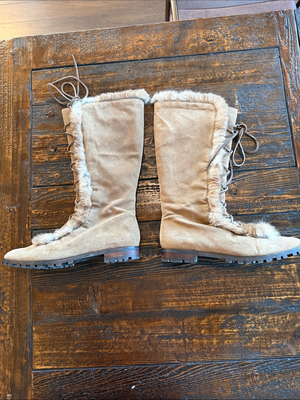 Calvin Klein Beige Suede Faux-Fur Lace-Up Tall Winter Boots